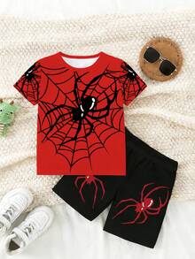 1 Set Baby Boys' Casual Fashionable Creative Personalized Refreshing Minimalist Heart & Spider Web Print Short Sleeve T-Shirt And Shorts Set, Comfortable Daily Wear, Cozy Summer Styles Suitable For Spring And Summer Toddler Boy Clothes Summer Sets Gothic Baby Boy Clothes - Multicolor - View 4
