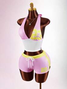 Amplova Women's Halter Neck 2 Pieces Sportswear Set Women's Waist Hollow Mesh See-Through Sexy Revealing Shorts Set Babyphat Purple Easter - Pink - View 1