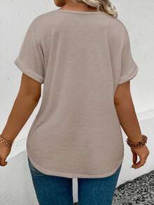 EMERY ROSE New Plus Size Women Fashion Leopard Print Bow V-Neck Short Sleeve Top T-Shirt - Khaki - View 2