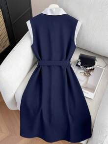 GlowEve CURVE Women's Navy Blue Summer Elegant Formal Dress,Large-Sized Woven French Style Sleeveless Collared Dress With Button Front,Casual Vacation Preppy Dress - Blue - View 2