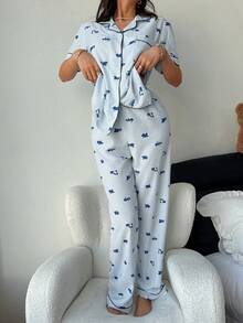 SHEIN Napfluff 女士泡泡纹理条纹翻领开衫短袖睡衣套装 - 藍色 - 查看 6