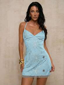 Glamine 女士网纱露背系带优雅浪漫性感约会连衣裙 - 藍白色 - 查看 5