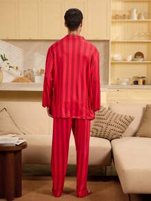 Velminro 男士条纹纽扣前开襟舒适透气休闲睡衣套装 - 紅色 - 查看 2