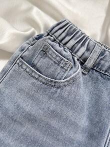 Tween Girls' Casual Fashionable Simple Versatile Blue Washed Tapered Jeans - Blue - View 4