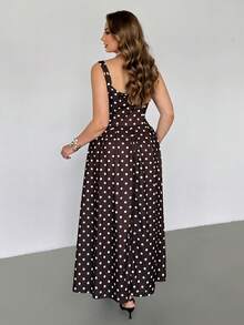 Auralis Đầm maxi cỡ lớn dành cho nữ, cổ vuông, không tay, họa tiết chấm bi, viền bèo nhún, thanh lịch, thích hợp cho tiệc tùng, đi biển, kỳ nghỉ. - màu nâu - Xem 2