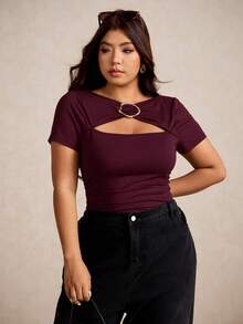 Elaquor Plus Size Women's Casual All-Match Versatile Metal Buckle Coffee Color T-Shirt, Summer, Summer Tops - Burgundy - View 4