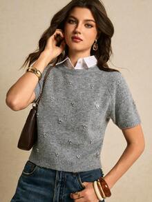 Poéselle New Spring/Autumn Korean Style Minimalist Commuter Elegant Beaded Design Women Knit Top - Grey - View 3