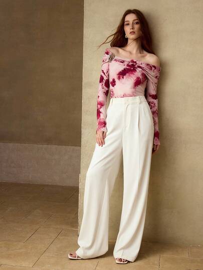 MOTF PREMIUM CAMISETA DE MUJER CON HOMBROS DESCUBIERTOS Y ESTAMPADO DE MALLA