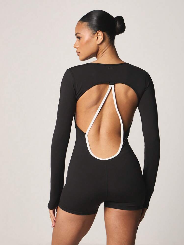 Missguided x Playboy Long Sleeve Logo Cut-Out Back Athletic Shorts Romper With Crew Neckline For Active Lifestyle