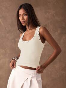 SHEIN BAE Women's Fashion Street Style Rivet Slim Fit Round Neck Camisole, Summer - Apricot - View 5