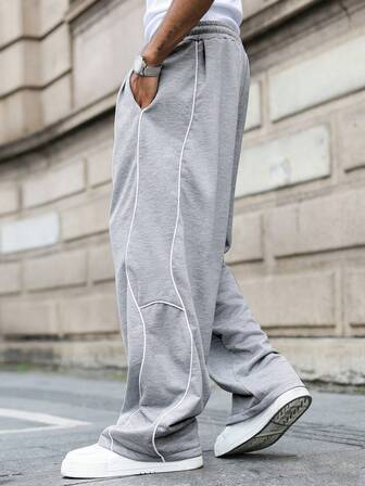 Manfinity Roghcode Men's Casual Bestselling Sweatpants, INS High Street Hiphop Style, White Drawstring, Black Fabric, Suitable For All Seasons And Daily Wear, Essential Gift For Boyfriend/Husband, Men's Casual Clothing, Y2K