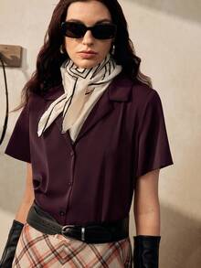 Zovinel 女士休闲纯色翻领短袖衬衫，夏季 - 酒紅色 - 查看 4