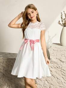 Vestido de Manga Curta com Gola Redonda, Renda Tule e Recortes Florais para Meninas Pré-Adolescentes, Elegante e Ideal para Festa e Celebração - Branco - Visão 7