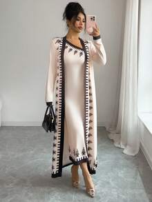 SHEIN Elenzya 2件套女士杏色花卉印花不对称肩部长款开衫和连衣裙套装 - 杏色 - 查看 7