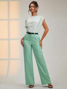 SHEIN Cottnline Damen Weite Bein Eleganter Stil Knopfdetail Regular Fit Grüne Hose - Grün - Übersicht 3