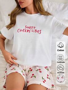 SHEIN 女士纯棉两件套字母短袖衬衫和樱桃图案短裤家居舒适睡衣套装 - 白色 - 查看 3