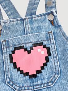 SHEIN Young Girl Butterfly Embroidery & Letter Print Casual Denim Bib Pants - Light Wash - View 4