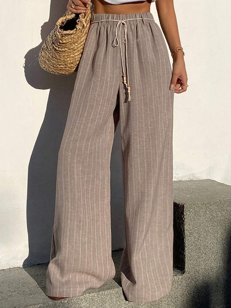 Women's Striped Print Knotted Casual Loose Pants, Suitable For Vacation