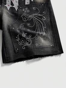 ROMWE MEN 男士时尚休闲街头水钻刺绣水洗牛仔短裤 - 黑色 - 查看 8