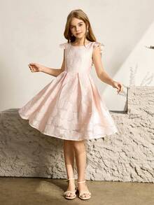 Girls' Princess Dress Flutter Sleeve Tutu Dress, Formal Party Wear, Piano Performance, Suitable For Tween Girl - Pink - View 4