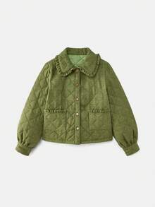 lacRébo Winter Green Quilted Jacket With Ruffled Collar And Button Front Winter Women Clothes Spring Summer  New Year - Army Green - View 12