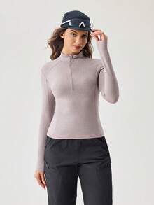 OutZeal Women Outdoor Tee Long Sleeve Top Hiking Camping Stand Collar Front Half Zip Feature Thumbhole - Grey - View 5