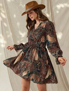 Wildy 波西米亚风休闲复古印花女式基本款长袖迷你连衣裙，适合秋冬季日常穿着，春夏季节亦可穿着。这款连衣裙是春假、度假、夏季休闲、休闲短裙等各种场合的理想之选。 - 彩色 - 查看 1