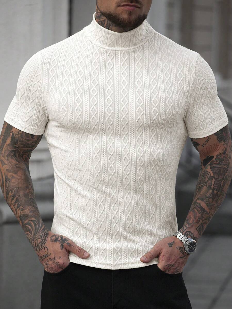 Manfinity Homme 男士休闲纹理领短袖T恤 - 杏色 - 查看 1