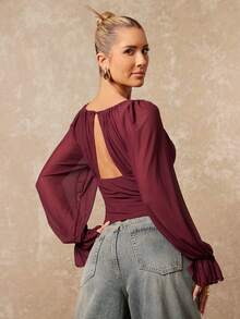 Lumalex Early Spring 1pc Women's Soft Mesh Patchwork Sheer Puff Sleeve Fitted Blouse Luxury NewYearNewLook QuietLuxe Prom Gathering Party Banquet Modest Old Money Coquette Glitter Holiday Party Rave Festival Outing Vacation Hot Outdoor Richly Layered Wedding Season Banquet ID Al-Adha Al-Adha Party New Year Looks Of Party For Autumn - Red Violet - View 8