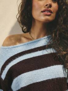 Aralina 甜美条纹毛绒针织圆领长袖舒适秋季女式毛衣上衣 - 藍色 - 查看 7