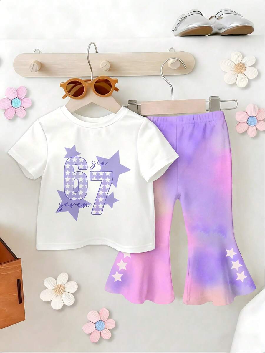 Bộ đồ 2 món cho bé gái, gồm áo thun ngắn tay cổ tròn in số 67 và quần ống loe trắng in họa tiết ngôi sao chuyển màu, trang phục thường ngày thoải mái cho bé gái sơ sinh và trẻ nhỏ, mùa xuân/hè. - Nhiều màu - Xem 1