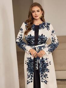 Roveilla 大码女式新款长袖连衣裙，优雅精致的高端二合一连衣裙，数码印花梭织连衣裙，正式女士连衣裙，超长A字下摆连衣裙，优雅碎花连衣裙，女士长袖优雅连衣裙，蓝白连衣裙，女士碎花连衣裙，女士优雅连衣裙 - 藍色 - 查看 7