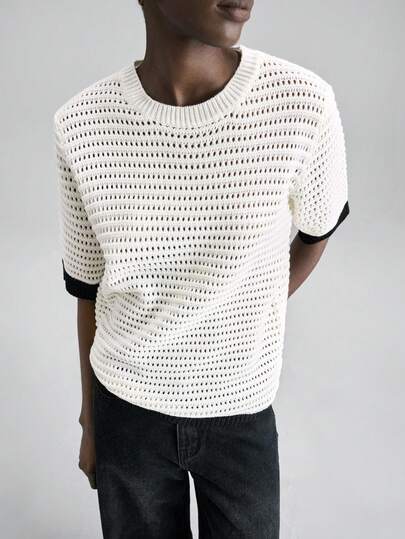 Ontre Ny rund halsringning, bekväm lapptäcke, urholkad, kortärmad stickad topp