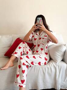 新款女士时尚秋季休闲爱心印花短袖睡衣套装 爱心睡衣套装 女士两件套睡衣 女士睡衣套装 - 紅色 - 查看 6