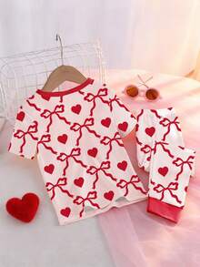 Young Girls Pajamas-2 Piece Pajama Set Spring To Summer Snug Fit Tight Fit Pajamas Heart Print - Pink - View 4