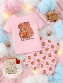 SHEIN 2pcs/Set Teenage Girls Cute Adorable Elegant Casual Comfortable Daily Capybara Cartoon Print Round Neck Knitted Elastic Fabric Fitted Short Sleeve Shorts Pajama Set, Pink,Tight Fit Pajama","Tight Fit","Snug Fit" - Pink - View 4