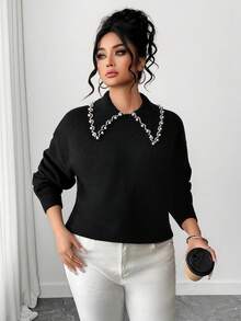 SHEIN PETITE CURVE 女士秋冬新款单件 Polo 领铆钉闪亮时尚修身常规套头长袖上衣，适合日常通勤穿着