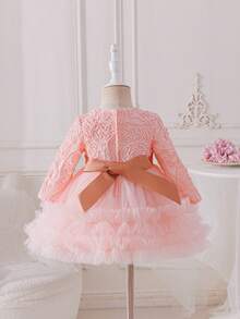 Glamorique Kids 女婴长袖网纱刺绣连衣裙，香槟色，生日派对花童礼服，女婴洗礼服 - 粉色 - 查看 2