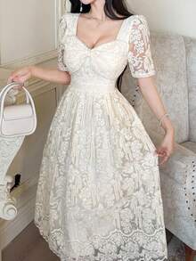 法国蕾丝优雅高端收腰连衣裙，女士吊带裙 - 米色 - 查看 6