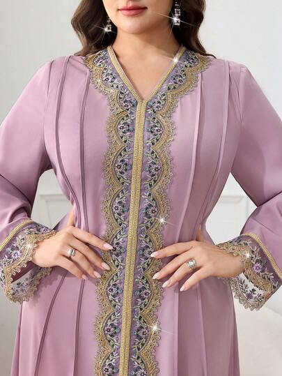 Al Najma Plus Size Dam Elegant Broderad Midja Klänning