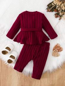SHEIN Baby Girls Casual Everyday Elegant Minimalist Comfortable Long Sleeve Ruffle Top And Pants Set With Belt, Autumn/Winter - Burgundy - View 3