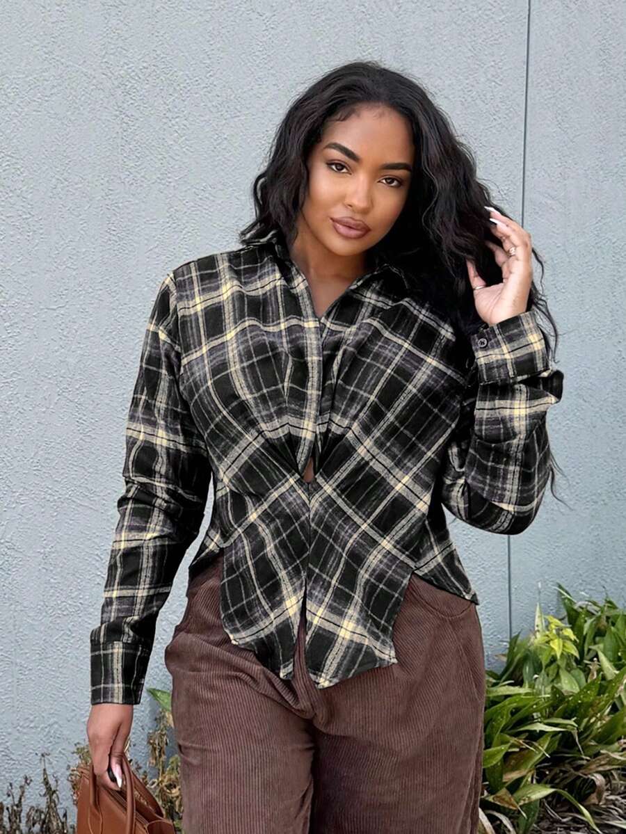 Alexandranx Women's Fall Plaid Ruffle Hem Long Sleeve Casual Side Split Hem Shirt - Light Grey - View 1