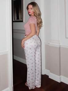 Turnttoni 2 件套女士短袖纯色圆领上衣睡衣套装，搭配碎花长裤，适合节日季，花朵图案华丽舒适优雅 - 彩色 - 查看 6