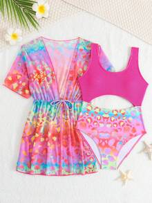 SHEIN Tween Girls' Gradient Leopard Print Hollow One-Piece Swimsuit And Drawstring Waist Kimono Cover-Up, Beach Holiday Style