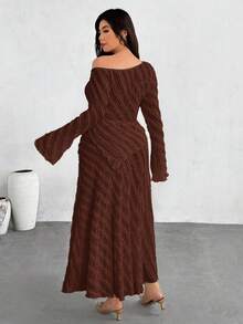 Firerie Plus Size Oblique Shoulder Long Sleeve Casual Fashion Flare Sleeve 2 Pieces Set - Coffee Brown - View 3