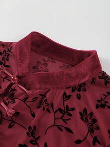 Franclia 女士立领、不对称门襟、纽扣装饰、网纱和天鹅绒拼接短袖修身T恤，融入中国元素 - 紅色 - 查看 6