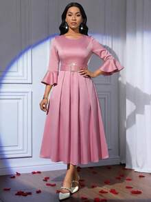 SHEIN Lady Đầm midi tay xòe thanh lịch dành cho nữ dự tiệc - Hồng - Xem 7