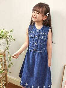 Genkimix Kids 2pcs/Set Young Girl Daisy Flower Emboidery Pocketed Denim Vest And Skirt, Childrens Jeans Skirt Set - Blue - View 3