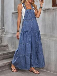 Breezaya 女士夏季休闲口袋阔腿牛仔背带裤 - 藍色 - 查看 1