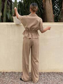 DAZY Women's Casual Loose Vacation Style Cinched Waist Shirt And Wide Leg Pants Set, Spring/Summer - Khaki - View 5